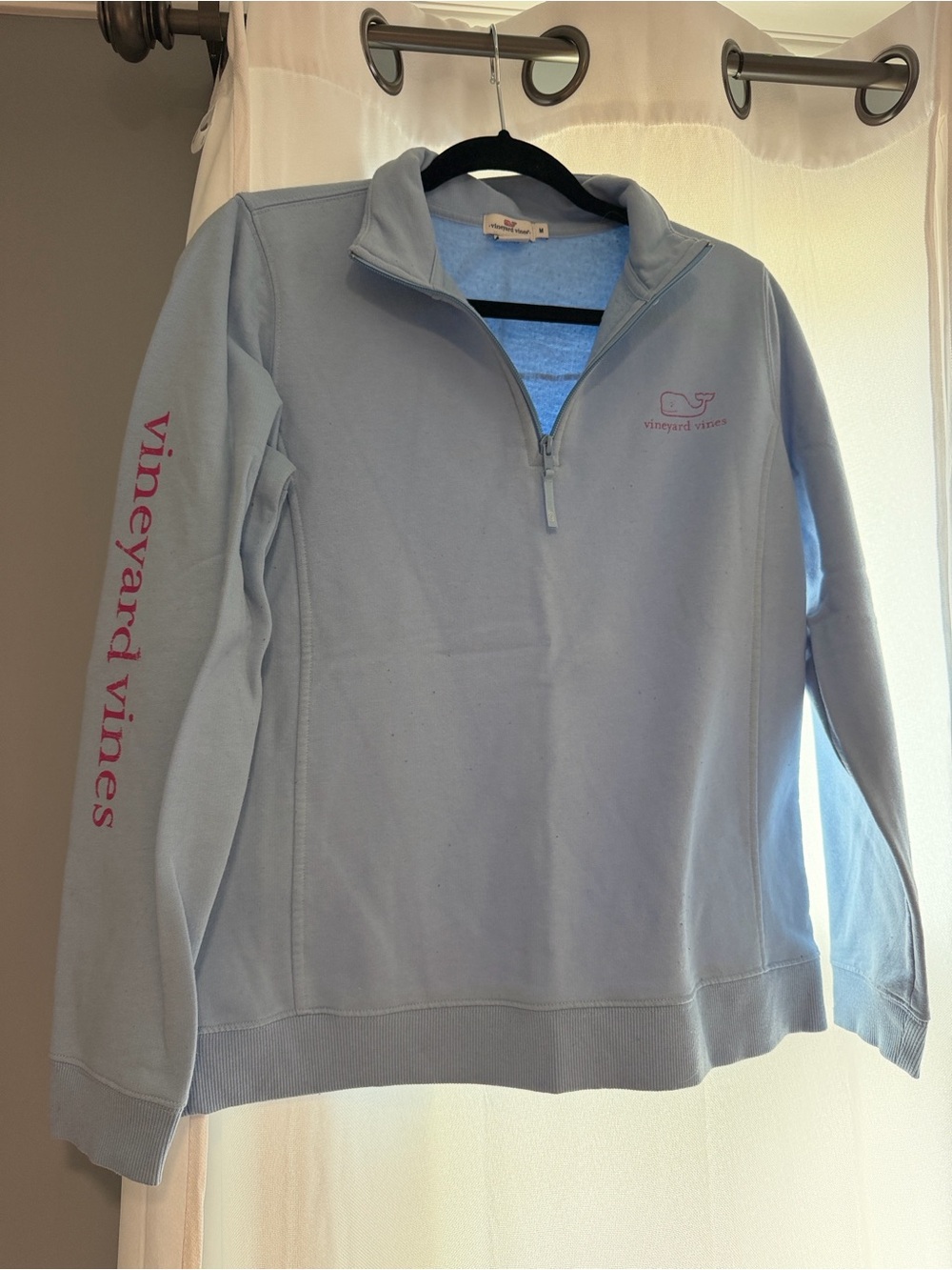 Vineyard Vines Light Blue Quarter Zip Pullover with Pink Whale Logo